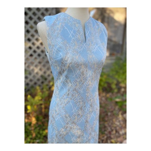 Vintage 50s Metallic Ice Blue Formal Gown Dress Maxi Silver Threads Cheongsam - Picture 3 of 14